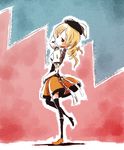  beret black_legwear blonde_hair brown_eyes drill_hair hat highres magical_girl mahou_shoujo_madoka_magica skirt smile solo sonson_(eleven) standing standing_on_one_leg thighhighs tomoe_mami 