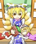  3girls animal_ears blonde_hair blue_dress blush bow brown_hair cat_ears chen dress ear_piercing earrings fox_tail hat jewelry lap_pillow lying multiple_girls multiple_tails ofuda open_mouth piercing purple_dress red_dress sitting sleeping tail touhou wavy_mouth yakumo_ran yakumo_yukari yellow_eyes 