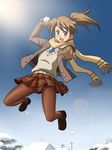  :d brown_eyes brown_hair coat crotch_seam gloves jumping lielos loafers open_mouth original panties panties_under_pantyhose pantyhose poniko_(lielos) ponytail scarf shoes smile snowball solo sweater_vest underwear 