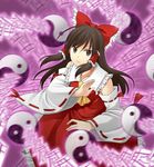  ascot bow brown_eyes brown_hair detached_sleeves hair_bow hakurei_reimu jenevan long_hair ofuda solo spell_card touhou yin_yang 