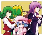  ascot bat_wings blonde_hair blue_hair blush breasts child dress flower gradient_hair green_eyes green_hair hat hijiri_byakuren kazami_yuuka long_hair medium_breasts multicolored_hair multiple_girls orange_eyes plaid plaid_skirt plaid_vest purple_hair red_eyes remilia_scarlet short_hair skirt skirt_set smile sunflower touhou two-tone_hair upper_body vest wings yakuta_tetsuya yellow_eyes 