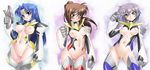  asakura_ryouko blue_eyes blue_hair bodysuit breasts brown_eyes brown_hair genderswap genderswap_(mtf) gloves gun kyonko long_hair medium_breasts multiple_girls nagato_yuki nipples ponytail purple_hair pussy sakura_ryuuken short_hair suzumiya_haruhi_no_yuuutsu uncensored weapon 