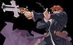  black_background brown_hair cigarette croix_raoul cross gun hands la_pucelle male_focus official_art ryoji_(nomura_ryouji) simple_background smoking solo sunglasses weapon 