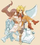  1boy 1girl blonde_hair blue_eyes book brown_eyes brown_hair carrying catsuit child_katakuri couple doll female final_fantasy final_fantasy_ix garnet_til_alexandros_xvii gloves hood long_hair male moogle ponytail robe sword weapon zidane_tribal 