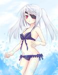  bad_id bad_pixiv_id bare_shoulders blush eyepatch highres infinite_stratos kirifrog laura_bodewig long_hair navel red_eyes silver_hair solo swimsuit twintails water 