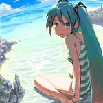  aqua_eyes aqua_hair arm_support bad_id bad_pixiv_id bare_shoulders barefoot blush_stickers casual_one-piece_swimsuit cloud day dutch_angle from_behind hatsune_miku heus_(nuntarou) horizon long_hair looking_back lowres ocean oekaki one-piece_swimsuit shade sitting sky solo striped striped_swimsuit swimsuit very_long_hair vocaloid wariza water 
