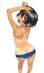  :d arms_up ass back black_hair blush breasts butt_crack competition_school_swimsuit eyebrows fang flat_chest hands_on_own_head kneepits looking_back one-piece_swimsuit one-piece_tan oohara_kyuutarou open_mouth original red_eyes shiny shiny_skin short_hair sideboob simple_background small_breasts smile solo sweat swimsuit swimsuit_pull tan tanline thick_eyebrows wet 