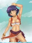  armpits bob_cut bracelet breasts censored cloud dark_skin day earrings fushigi_no_umi_no_nadia green_eyes hair_ornament hairclip jewelry kurone loincloth medium_breasts midriff nadia neck_ring necklace nipples no_panties ocean one_eye_closed pelvic_curtain purple_hair pussy shirt_pull short_hair smile solo strapless sweat tan tubetop vest wading 