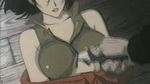  1girl animated animated_gif arms_behind_back bare_shoulders black_hair bouncing_breasts breasts collarbone cowboy_bebop faye_valentine gif halter_top halterneck knife large_breasts lipstick lowres lying makeup no_bra open_clothes open_shirt shirt short_hair 