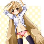  bad_id bad_pixiv_id blush brown_eyes brown_hair flat_chest long_hair lying nanase_yae navel open_clothes open_shirt panties shirt solo thighhighs torikoro twintails underwear very_long_hair yoshizawa_hikoto 