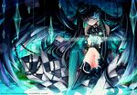  alternate_costume bad_id bad_pixiv_id bare_shoulders black_hair black_rock_shooter black_rock_shooter_(character) blue_eyes boots chain checkered crystal detached_sleeves embellished_costume frown hat instocklee long_hair mini_hat mini_top_hat sitting solo top_hat twintails watermark wings 