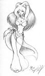  arabian belly_dancer beowulf big_breasts breasts feline female genie hair midriff monochrome pose raised_arm sketch solo 