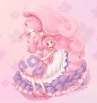  closed_eyes curly_hair dress floral_print gen_5_pokemon high_heels holding_needle hug kneeling long_hair multiple_girls munna musharna needle personification pink_eyes pink_hair pokemon sanmi_tenten sewing shoes 