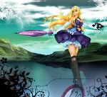  adapted_costume blonde_hair boots bowalia branch breasts cleavage closed_umbrella crossed_legs elbow_gloves eyes gap gloves hat knee_boots lake large_breasts long_hair midriff mountain plant sign silhouette solo standing tiptoes touhou umbrella walking walking_on_liquid watson_cross white_gloves yakumo_yukari 