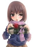  bad_id bad_nicoseiga_id blush bomb brown_eyes brown_hair c4 commentary copyright_request gift holding holding_gift koh_(minagi_kou) scarf simple_background solo valentine 