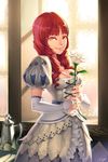 breasts bridal_gauntlets cleavage dragon_nest flower lena_(dragon_nest) lvans medium_breasts red_eyes red_hair solo 