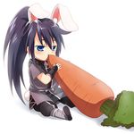  animal_ears bad_id bad_pixiv_id blue_eyes blush bunny_ears carrot danji_black eating food kyuushuu_sentai_danjiger long_hair maruki_(punchiki) ponytail saga_kuronosuke sitting solo 