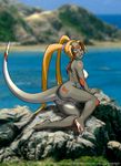  amber_eyes blonde_hair breasts butt dr_comet face_markings female hair looking_at_viewer looking_back markings over_shoulder photo_background pigtails pussy seaside side_boob solo tail unknown_character unknown_species 