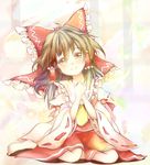  ascot bare_shoulders bow brown_eyes brown_hair cusozee detached_sleeves hair_bow hair_tubes hakurei_reimu hands_on_own_chest hands_together head_tilt own_hands_together sitting smile solo sunlight touhou 