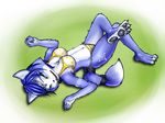  1girl animal_ears barefoot bikini blue_hair canine circlet claws feet female fox furry hindpaw krystal leg_markings lying markings nintendo pawpads paws skimpy soles solo star_fox swimsuit tail tail_band toes video_games yushoairgun 