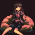  bean_bag_chair black_eyes black_hair long_hair open_mouth original reaching shorts solo tom_(drpow) 