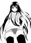  angry attsun_(atsushi_jb) bad_id bad_pixiv_id black_eyes blush buruma face from_below greyscale gym_uniform hand_on_hip long_hair looking_at_viewer looking_down monochrome no_nose original simple_background solo thighhighs 