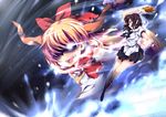  bare_legs battle black_hair blonde_hair duel fan fang giantess glowing glowing_eye hair_over_one_eye hat highres horn_ribbon horns huangquan_dong_(sinchi) ibuki_suika light_trail long_hair multiple_girls open_mouth orange_hair pointy_ears red_eyes ribbon shaded_face shameimaru_aya short_hair skirt smile tokin_hat touhou 