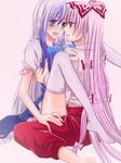  bad_id bad_pixiv_id blue_eyes blue_hair bow fujiwara_no_mokou hair_bow hair_ribbon kamishirasawa_keine long_hair multiple_girls red_eyes ribbon silver_hair sweat thighhighs touhou white_legwear yuri yuta_(ricochetsmain) 