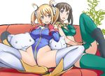  blonde_hair blue_eyes blue_leotard boots brown_hair catharine_blitzen couch fingerless_gloves gloves green_eyes green_legwear gundam gundam_card_builder highleg highleg_leotard leotard metadora multiple_girls open_mouth reiko_holinger shirt stuffed_animal stuffed_cat stuffed_toy taut_clothes taut_shirt thighhighs thighs white_legwear 