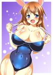  animal_ears blue_eyes blush breasts brown_hair bunny_ears charlotte_e_yeager competition_school_swimsuit covered_navel highres huge_breasts long_hair one-piece_swimsuit open_mouth school_swimsuit solo strike_witches swimsuit taigi_akira world_witches_series 