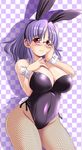  animal_ears breasts bunny_ears bunnysuit checkered checkered_background fishnet_pantyhose fishnets glasses hand_on_own_cheek hand_on_own_chest hand_on_own_face large_breasts original pantyhose purple_hair red_eyes shadow short_hair solo tonpuu wrist_cuffs 