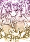  bad_id bad_pixiv_id book cheong_ha gradient graphite_(medium) hands hat holding long_hair mixed_media monochrome open_book patchouli_knowledge solo touhou traditional_media 