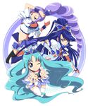  aono_miki black_legwear blue_choker blue_eyes blue_hair blue_skirt boots bug butterfly butterfly_hair_ornament choker color_connection cure_aqua cure_berry cure_marine dress flower fresh_precure! frills hair_ornament hairband hairpin heart heart_hair_ornament heartcatch_precure! insect kurumi_erika long_hair magical_girl maro_nie midriff minazuki_karen multiple_girls one_eye_closed pink_flower pink_rose ponytail precure purple_eyes purple_hair rose simple_background skirt smile thighhighs white_legwear wide_ponytail wrist_cuffs yes!_precure_5 zettai_ryouiki 