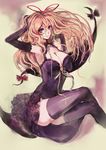  black_gloves black_legwear blonde_hair breasts cleavage crossed_legs elbow_gloves gap gloves large_breasts lingerie nokishita sitting smile solo thighhighs touhou underwear yakumo_yukari yellow_eyes 