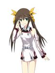  bare_shoulders brown_hair female green_eyes grin hair_ribbon highres huang_lingyin infinite_stratos long_hair ribbon school_uniform simple_background smile solo twintails white_background 