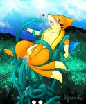  &hearts; bdsm blue_eyes blush bondage breasts darkmirage face_markings female floatzel forest looking_at_viewer multiple_tails nipples panting penetration pok&eacute;mon pussy suspension tail tangela tentacles tree 