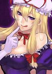  bare_shoulders blonde_hair bow breasts cleavage elbow_gloves gloves hair_bow hat large_breasts licking_lips long_hair mochizuki_anko naughty_face purple_eyes solo tongue tongue_out touhou upper_body yakumo_yukari 