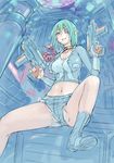  aqua_eyes aqua_hair bad_id bad_pixiv_id bare_legs blue boots breasts choker covered_nipples dual_wielding eyepatch grin gun holding hunewearl large_breasts looking_at_viewer machine_pistol mag_(phantasy_star) midriff navel phantasy_star phantasy_star_online pointy_ears short_hair short_shorts shorts sitting smile solo spread_legs submachine_gun uniskie weapon 