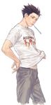  a_k_i blue_eyes brown_hair casual clothes_writing gyakuten_saiban male_focus naruhodou_ryuuichi navel pants shirt simple_background solo t-shirt toothbrush 