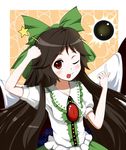  ;p black_hair black_sun blush bow green_bow hair_bow long_hair mount_whip one_eye_closed pointing red_eyes reiuji_utsuho solo sun third_eye tongue tongue_out touhou wings 