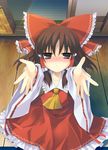  ascot blush bow brown_hair detached_sleeves hair_bow hair_tubes hakurei_reimu incoming_kiss looking_at_viewer outstretched_arms red_eyes solo tororo touhou 