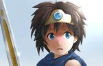  black_hair blue_eyes circlet dragon_quest dragon_quest_iii otsuaki roto short_hair solo sweat sweatdrop sword weapon 