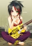  amplifier anklet barefoot bikini_top black_hair breast_press breasts cleavage electric_guitar english face feet guitar hands heterochromia indian_style instrument jewelry kuromaru9 medium_breasts multicolored_hair original red_hair sitting solo whammy_bar 