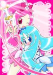  :d blue_eyes blue_hair blue_skirt blush bow cure_blossom cure_marine eyelashes flower flower_tact hair_ornament hairpin hanasaki_tsubomi happy heart heartcatch_precure! holding holding_wand kurumi_erika lace long_hair magic magical_girl multiple_girls one_eye_closed open_mouth petals pink_bow pink_eyes pink_hair pink_skirt pointing ponytail precure ribbon skirt smile surprised two-tone_background wand wrist_cuffs yuuma_(skirthike) 