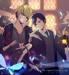  black_hair blonde_hair bobo_(pixiv) bug butterfly cosplay durarara!! glasses grin harry_potter heiwajima_shizuo insect lantern male_focus multiple_boys orihara_izaya parody red_eyes school_uniform scroll smile wand 