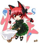  animal_ears braid cat_ears cat_tail chibi dress fang green_dress kaenbyou_rin kazami_karasu multiple_tails open_mouth red_eyes red_hair solo tail touhou twin_braids wheelbarrow 