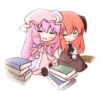  bat_wings black_neckwear blush book chibi cloak closed_eyes hat head_wings holding_hands koakuma multiple_girls necktie no_nose patchouli_knowledge sitting sleeping sleeping_upright smile touhou uruc vest wings yuri 