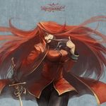  breasts carmen_(pixiv_fantasia) gloves grin jacket large_breasts long_hair mouth_hold nishi_yukari pixiv_fantasia pixiv_fantasia_5 rapier red_eyes red_hair sharp_teeth smile solo sword teeth uniform weapon 