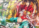  :p bird blue_eyes blurry branch brown_hair calligraphy_brush depth_of_field earrings folding_screen gun ink japanese_clothes jar jewelry kimono long_hair mashiro_akira one_eye_closed original paintbrush panties rifle solo thighhighs tongue tongue_out underwear water weapon 