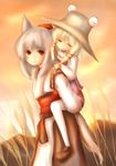  absurdres amanojaku animal_ears bad_id bad_pixiv_id blonde_hair blush carrying hair_ornament hat highres inubashiri_momiji moriya_suwako multiple_girls piggyback red_eyes short_hair silver_hair smile tail tears thighhighs tokin_hat touhou wheat white_legwear wolf_ears wolf_tail yellow_eyes 